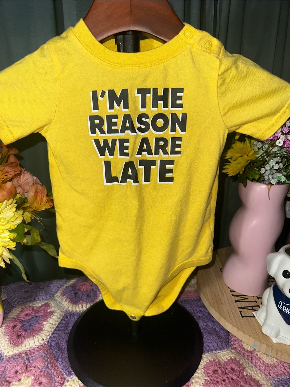 🎉Garanimals Yellow Graphic Baby Onesie - I'm The Reason We Are Late. C325